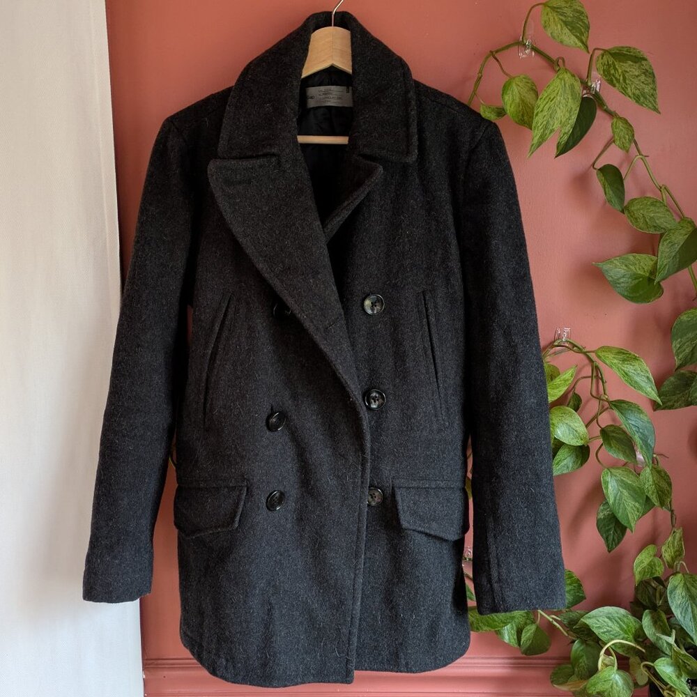 GAP Wool-Blend Peacoat | Small | Charcoal Grey | Double-Breasted | Inside Pocket
